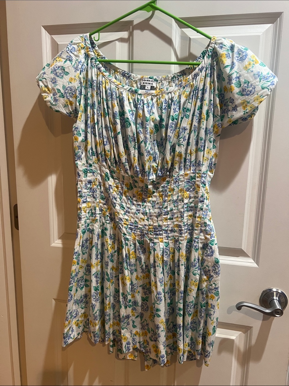 Frankie's Bikinis White Floral Short Dress with Blue & Yellow Print